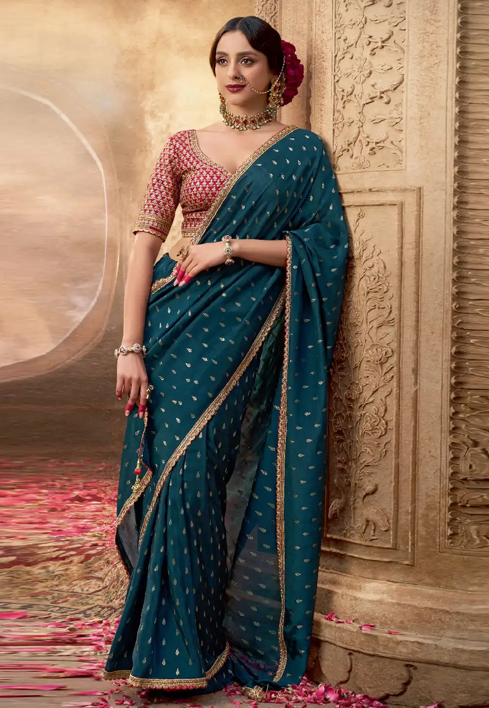 Teal Viscose Crepe Saree With Blouse 313428