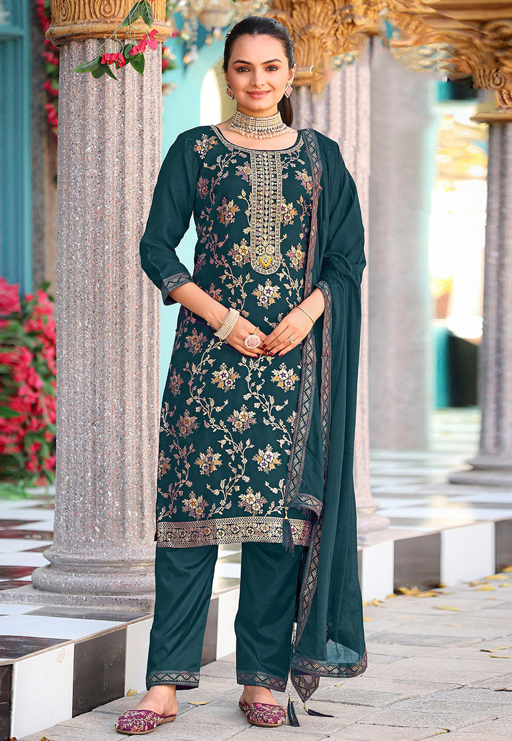 Teal Viscose Jacquard Pant Style Suit 318813