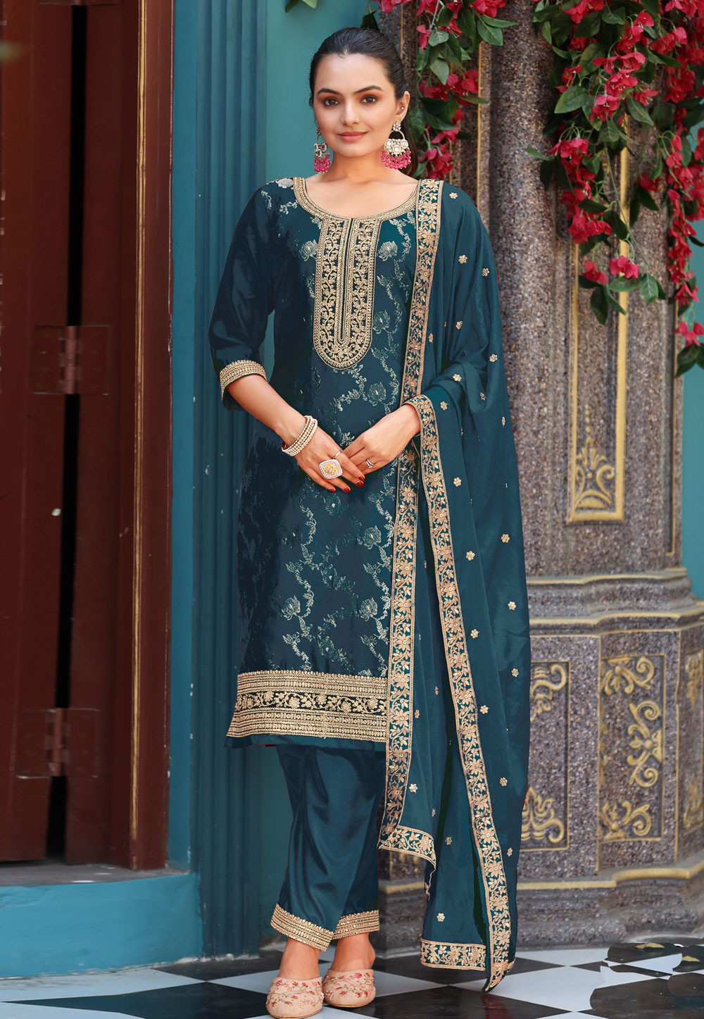 Teal Viscose Jacquard Readymade Pakistani Suit 319806