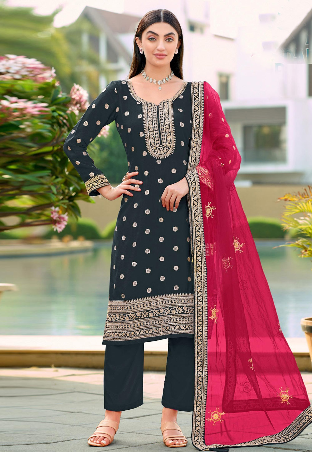 Teal Viscose Jacquard Readymade Pakistani Suit 322208