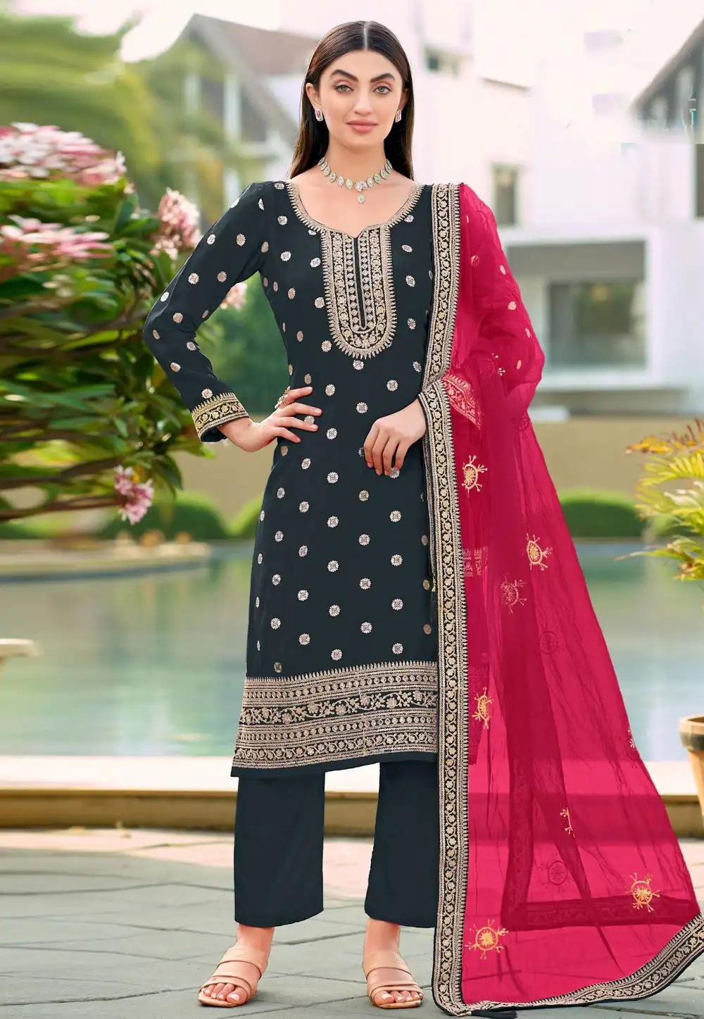 Teal Viscose Jacquard Readymade Pakistani Suit 322208