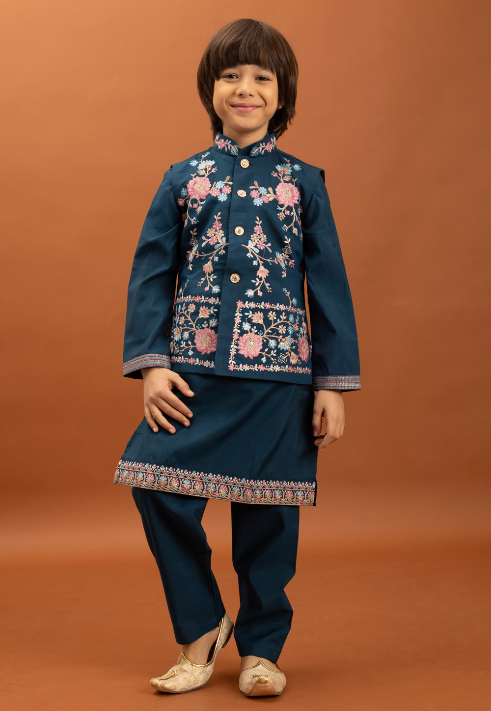 Teal Viscose Kids Kurta Pajama With Jacket 318773