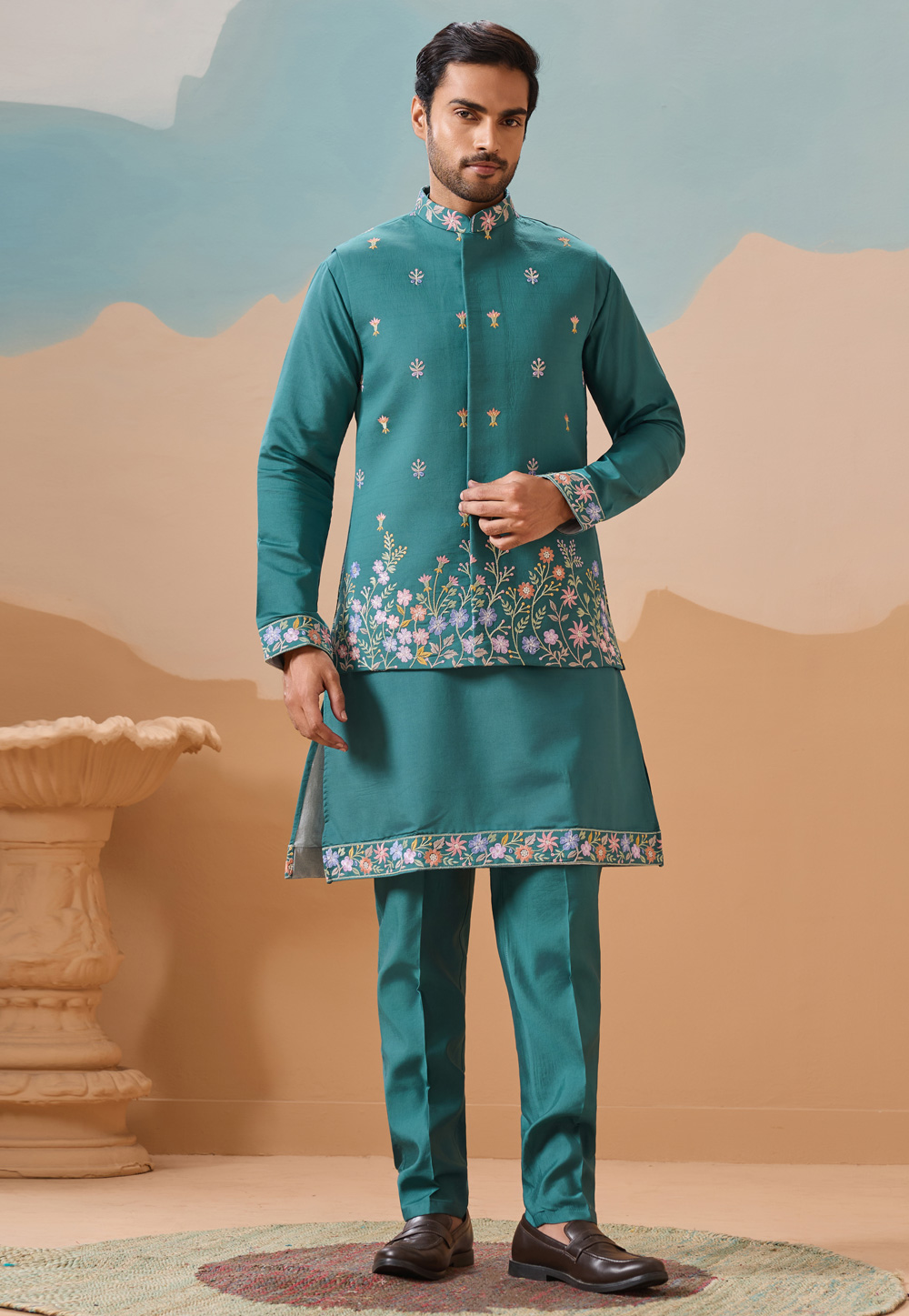 Teal Viscose Kurta Pajama With Jacket 318310