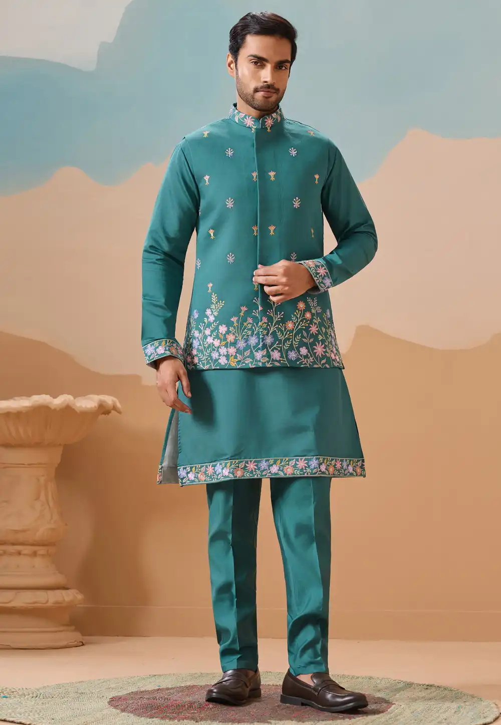 Teal Viscose Kurta Pajama With Jacket 318310