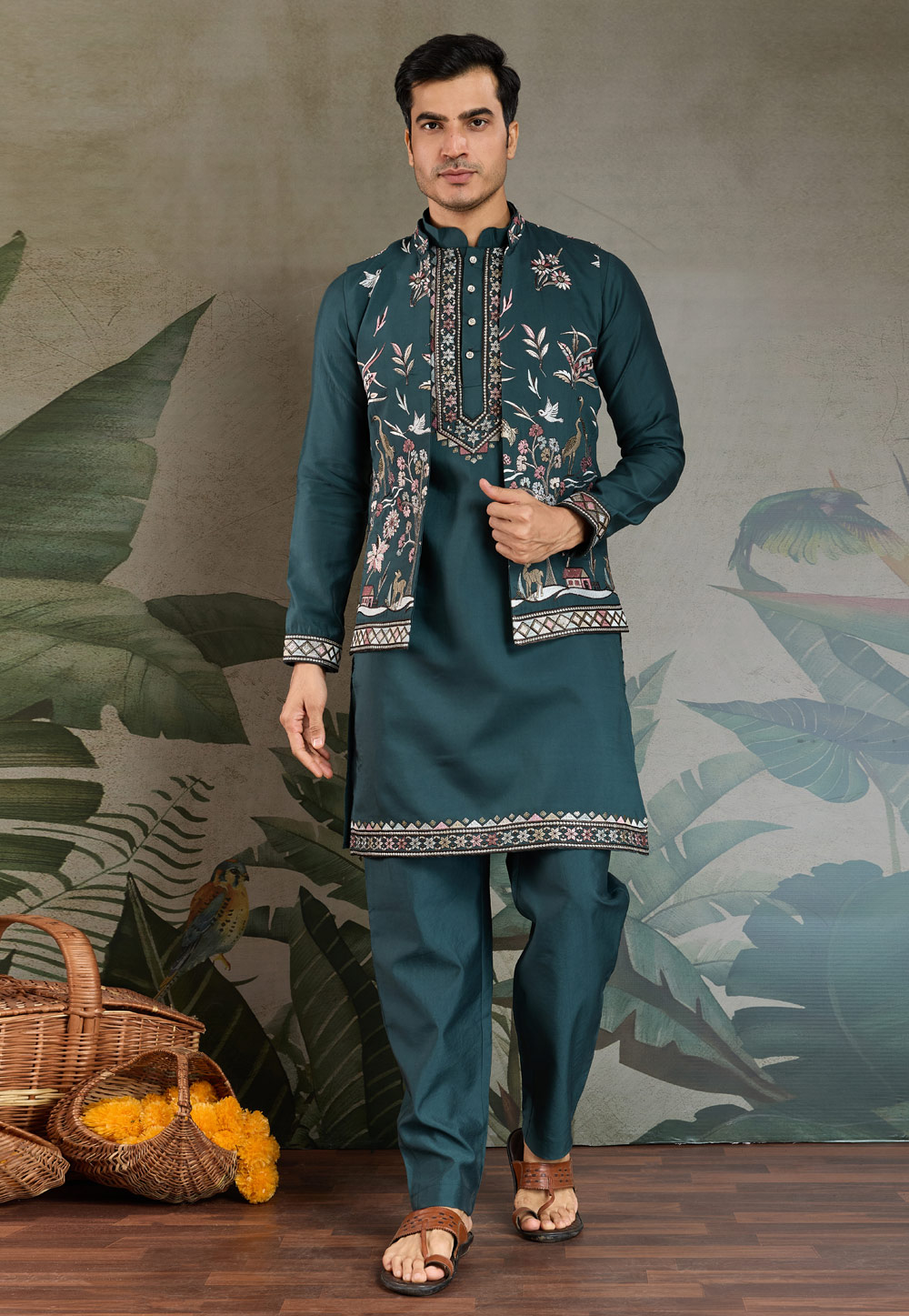 Teal Viscose Kurta Pajama With Jacket 311870