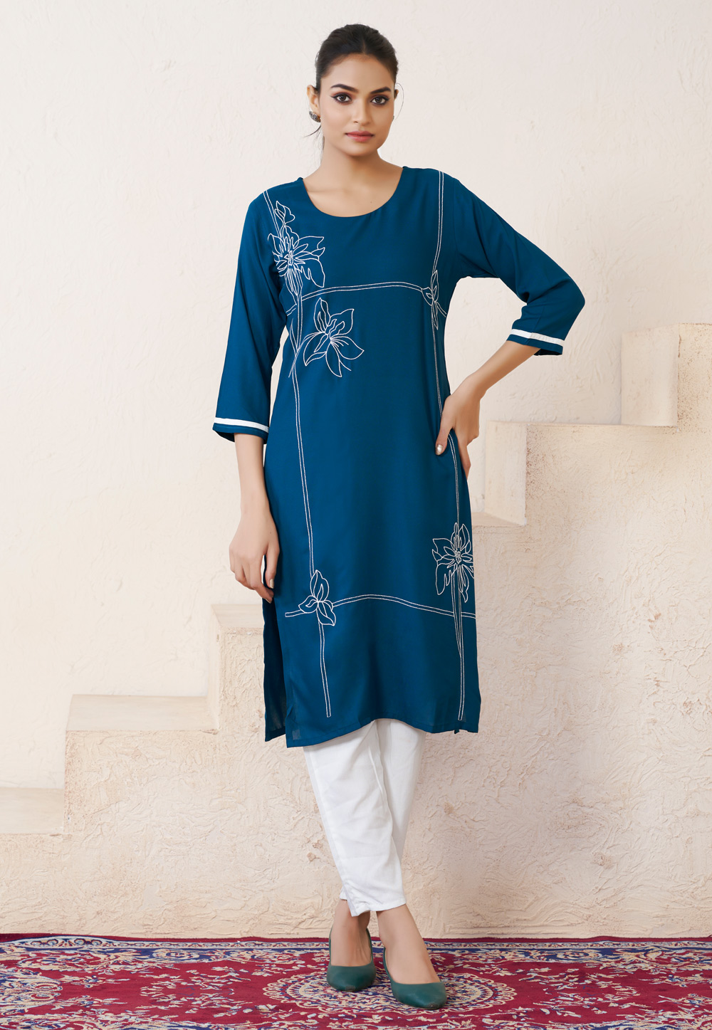 Teal Viscose Rayon Long Kurti 313413
