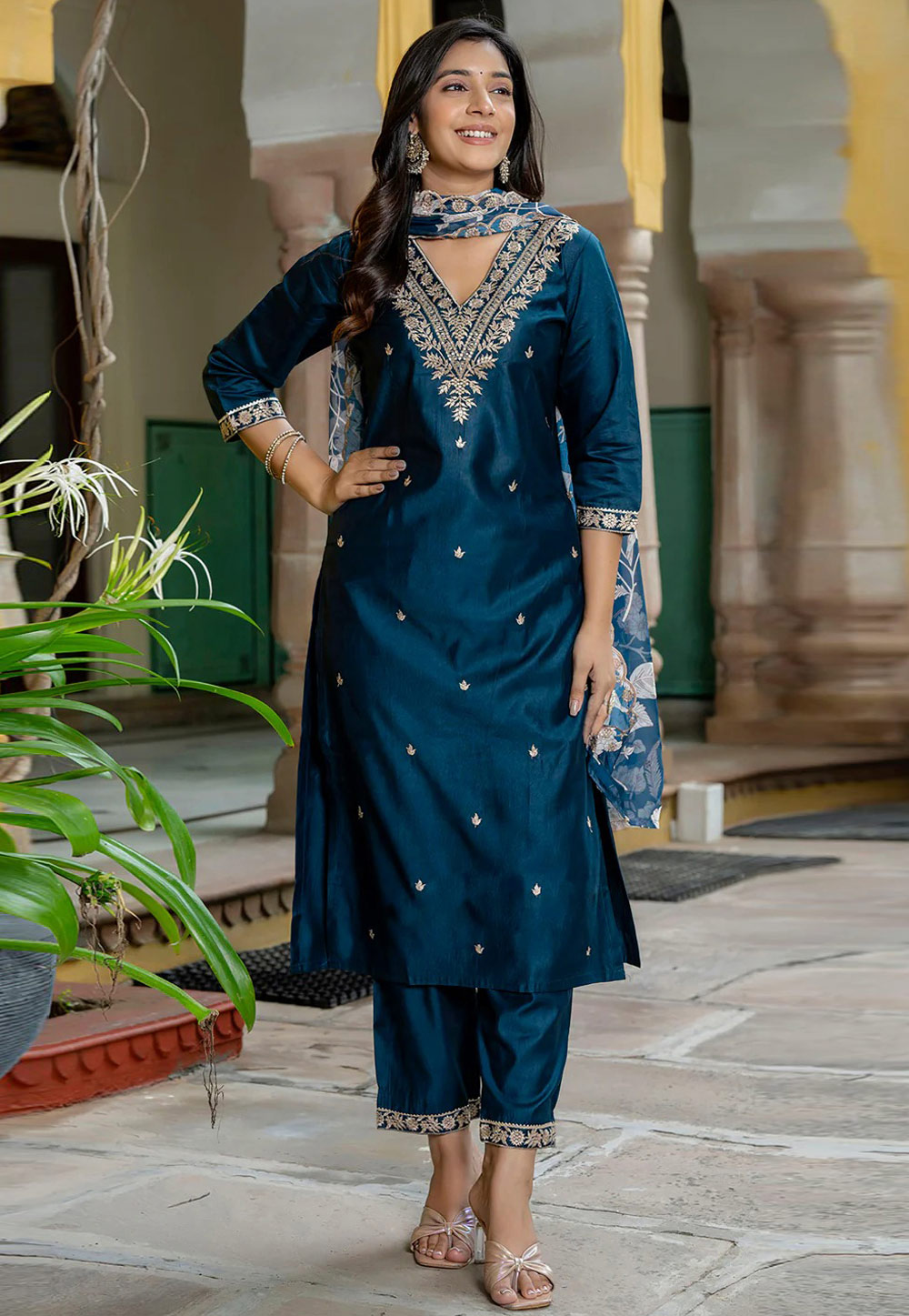 Teal Viscose Rayon Readymade Pakistani Suit 309060