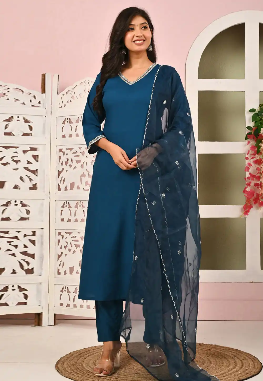 Teal Viscose Rayon Readymade Pant Style Suit 314834