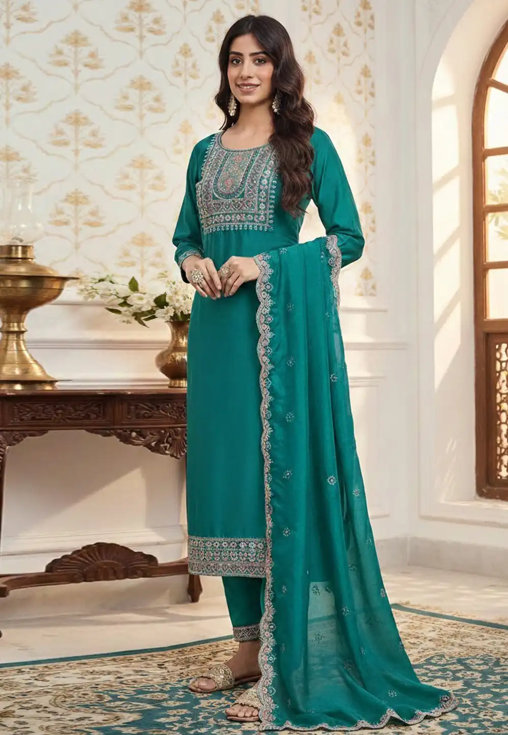 Teal Viscose Readymade Pakistani Suit 324725