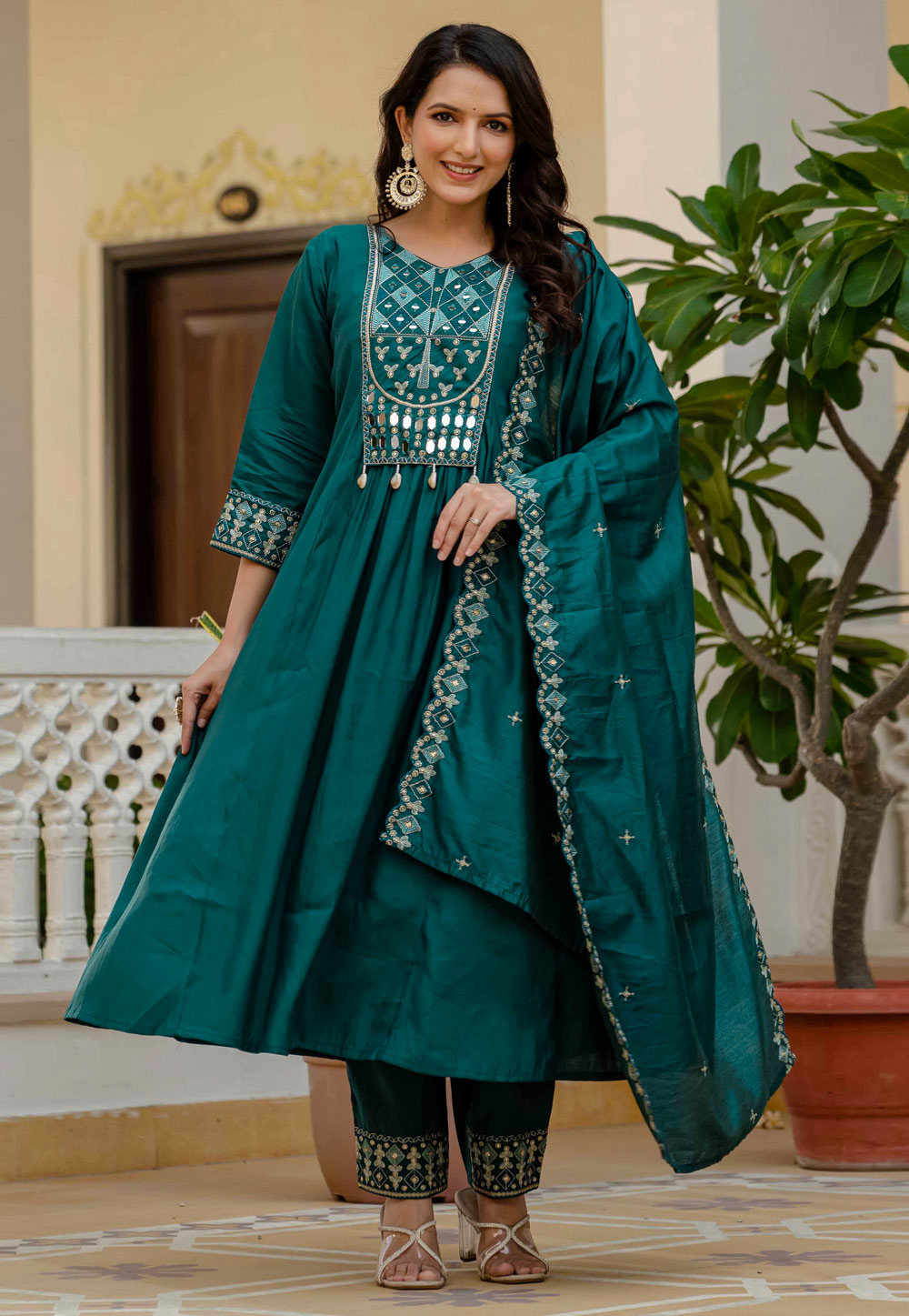 Teal Viscose Readymade Pant Style Suit 319903