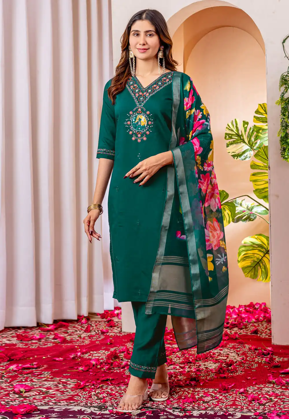 Teal Viscose Readymade Pant Style Suit 313374