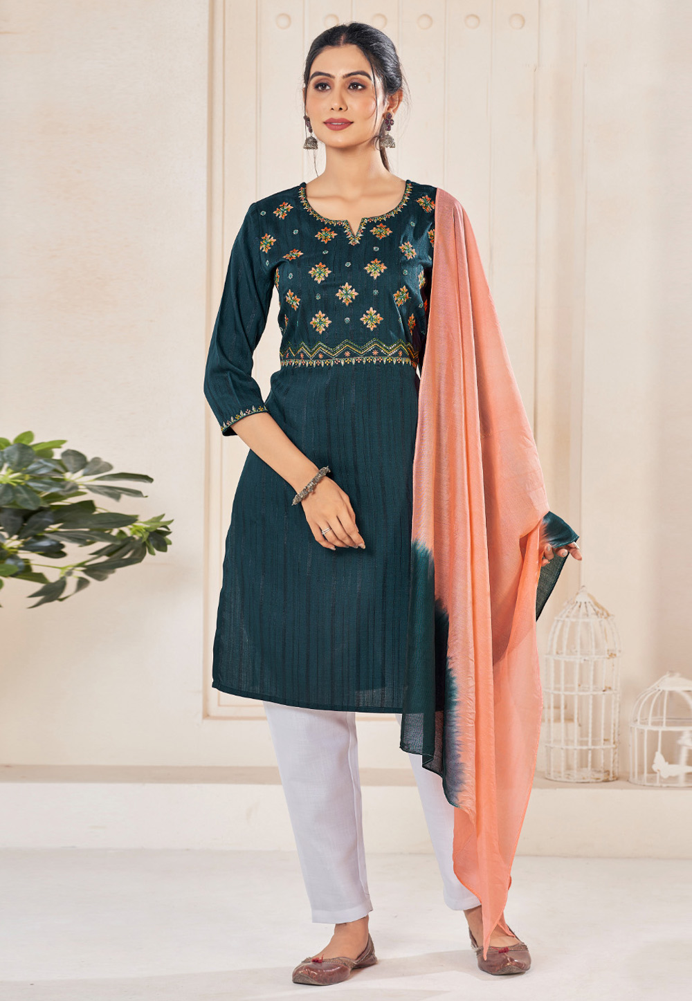 Teal Viscose Readymade Pant Style Suit 281926
