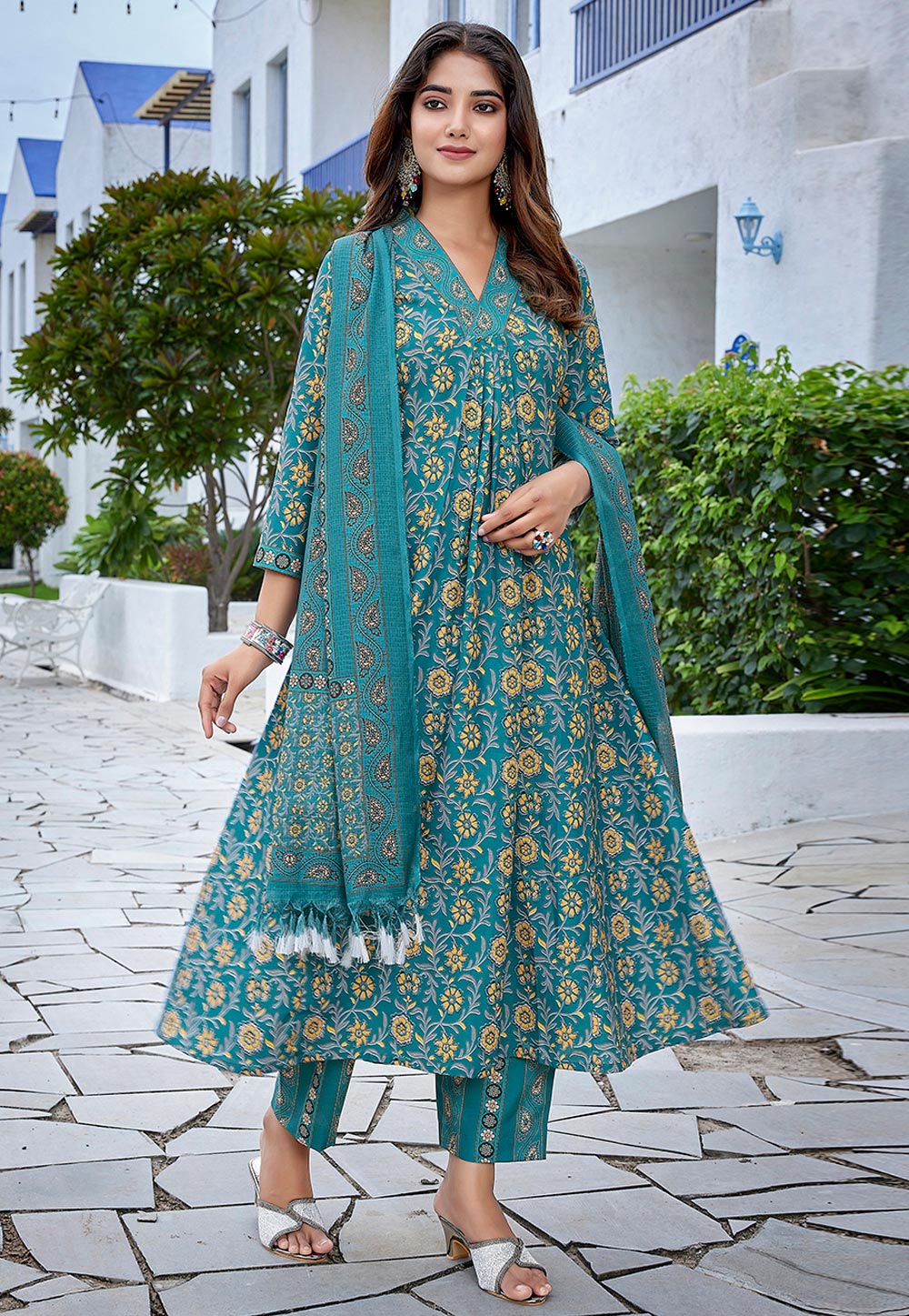 Teal Viscose Readymade Pant Style Suit 308128