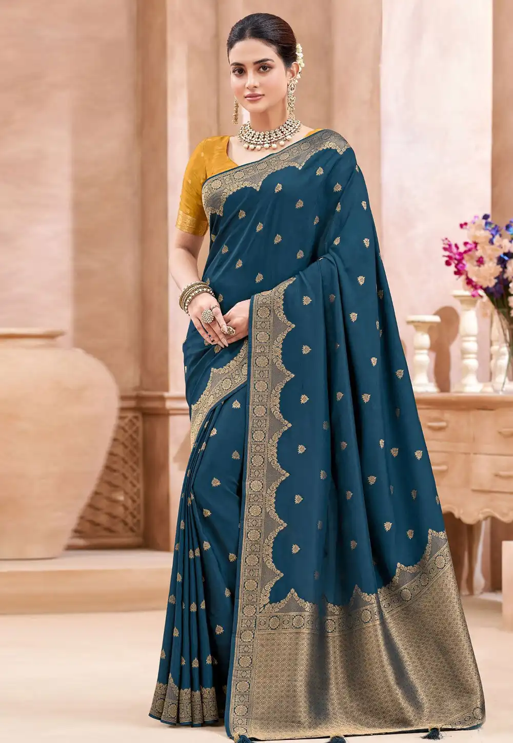 Teal Viscose Saree With Blouse 325289