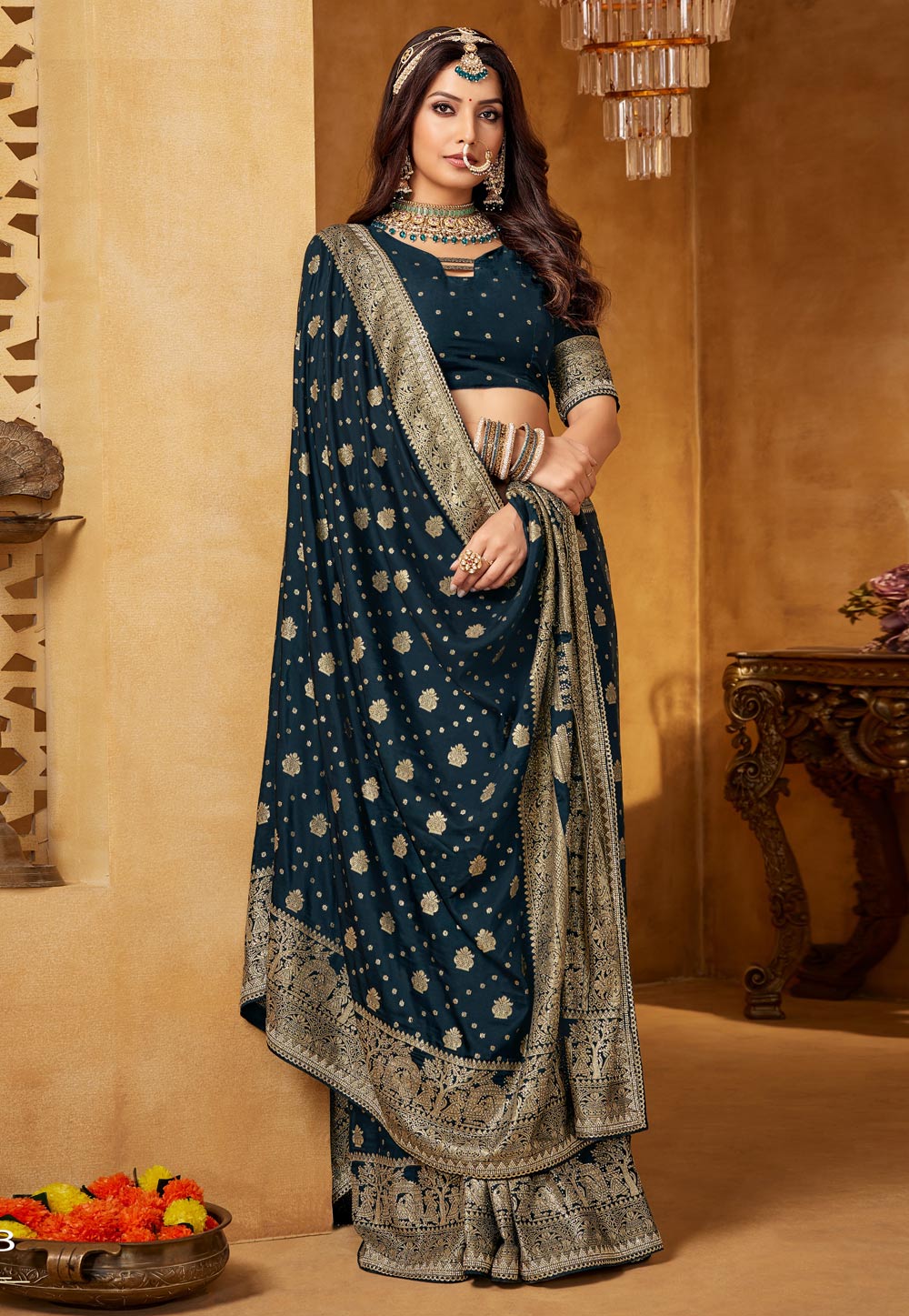 Teal Viscose Saree With Blouse 320447