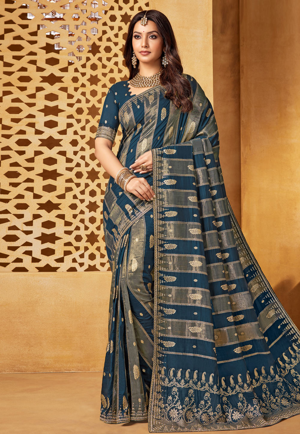 Teal Viscose Saree With Blouse 320306