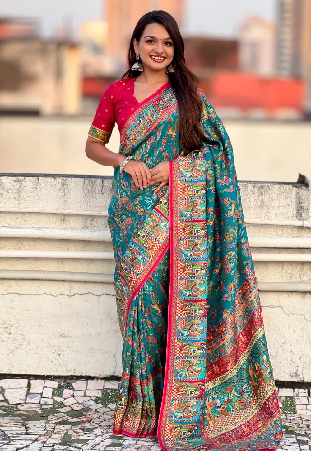 Teal Viscose Saree With Blouse 322521