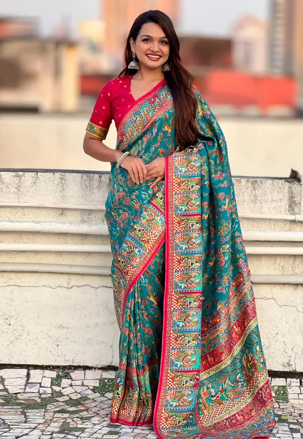 Teal Viscose Saree With Blouse 322521