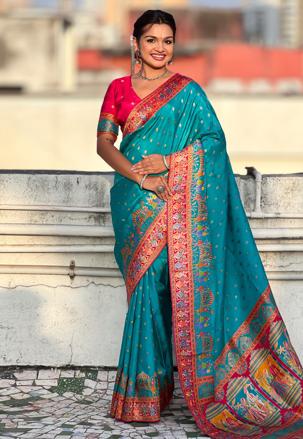 Teal Viscose Saree With Blouse 326522
