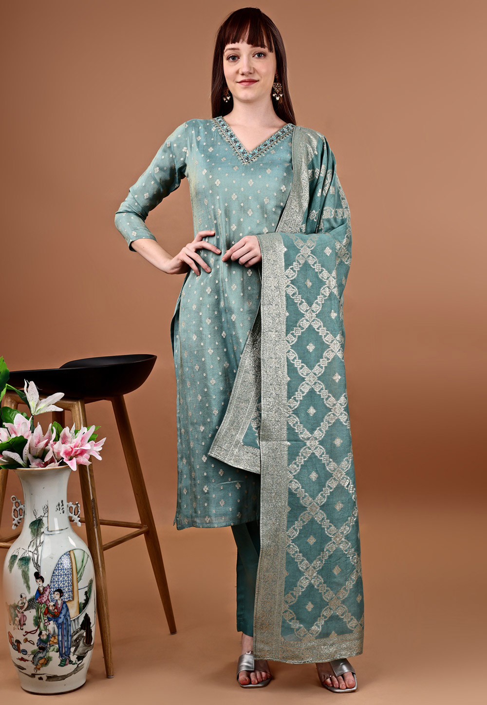 Teal Viscose Shimmer Readymade Pant Style Suit 308525