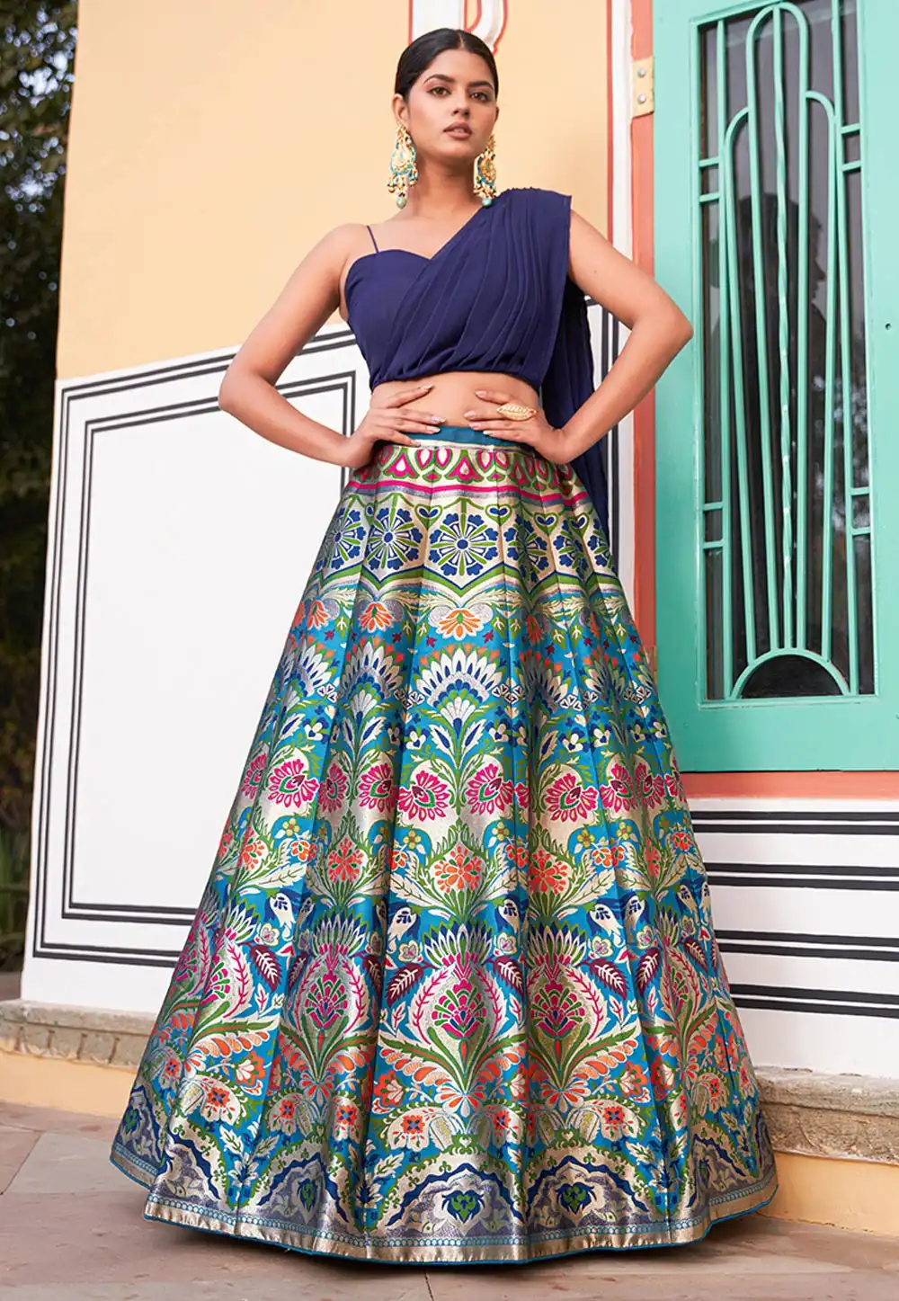 Turquoise Banarasi Silk Designer Lehenga 281182