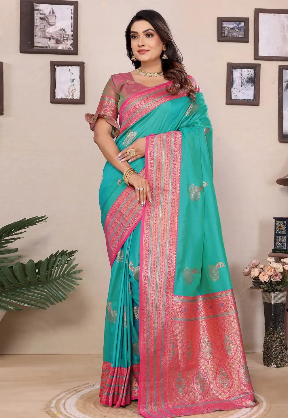 Turquoise Banarasi Silk Saree 313976