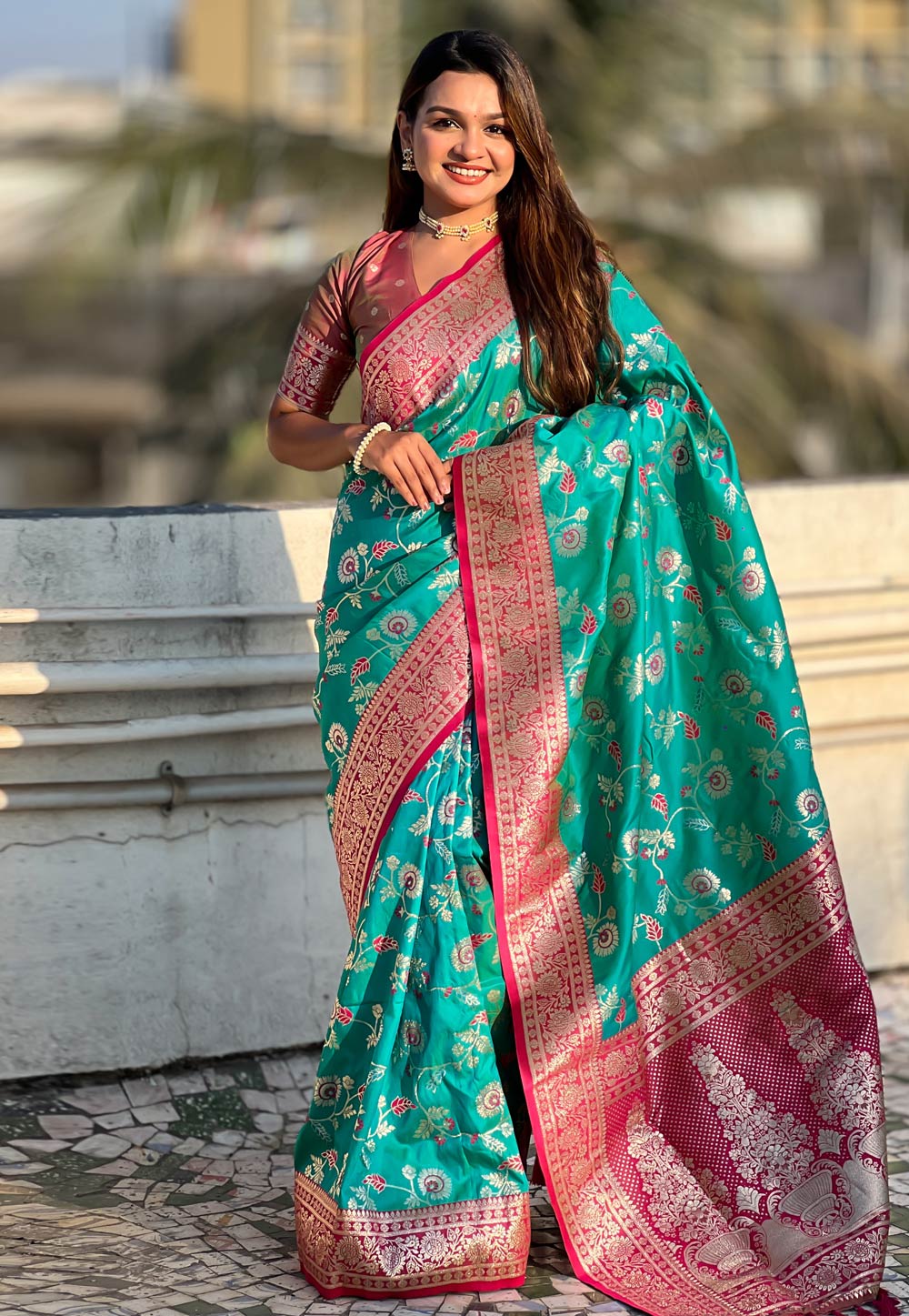 Turquoise Banarasi Silk Saree 307968