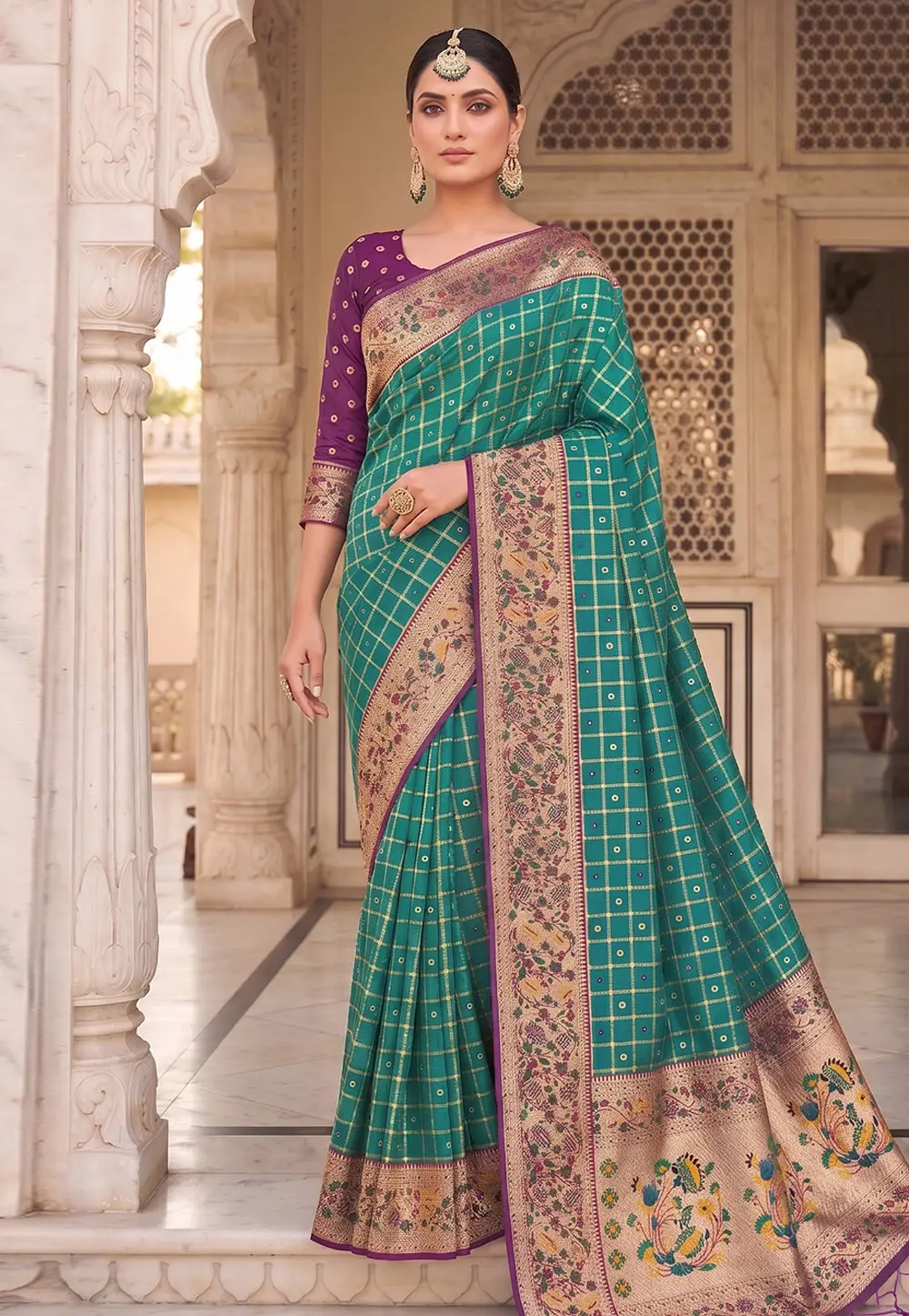 Turquoise Banarasi Silk Saree With Blouse 331279
