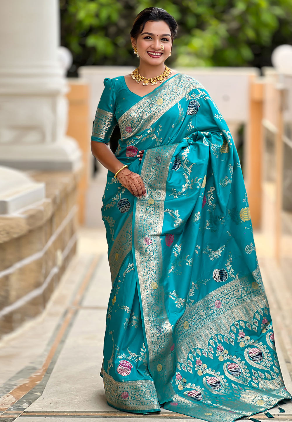 Turquoise Banarasi Silk Saree With Blouse 321962