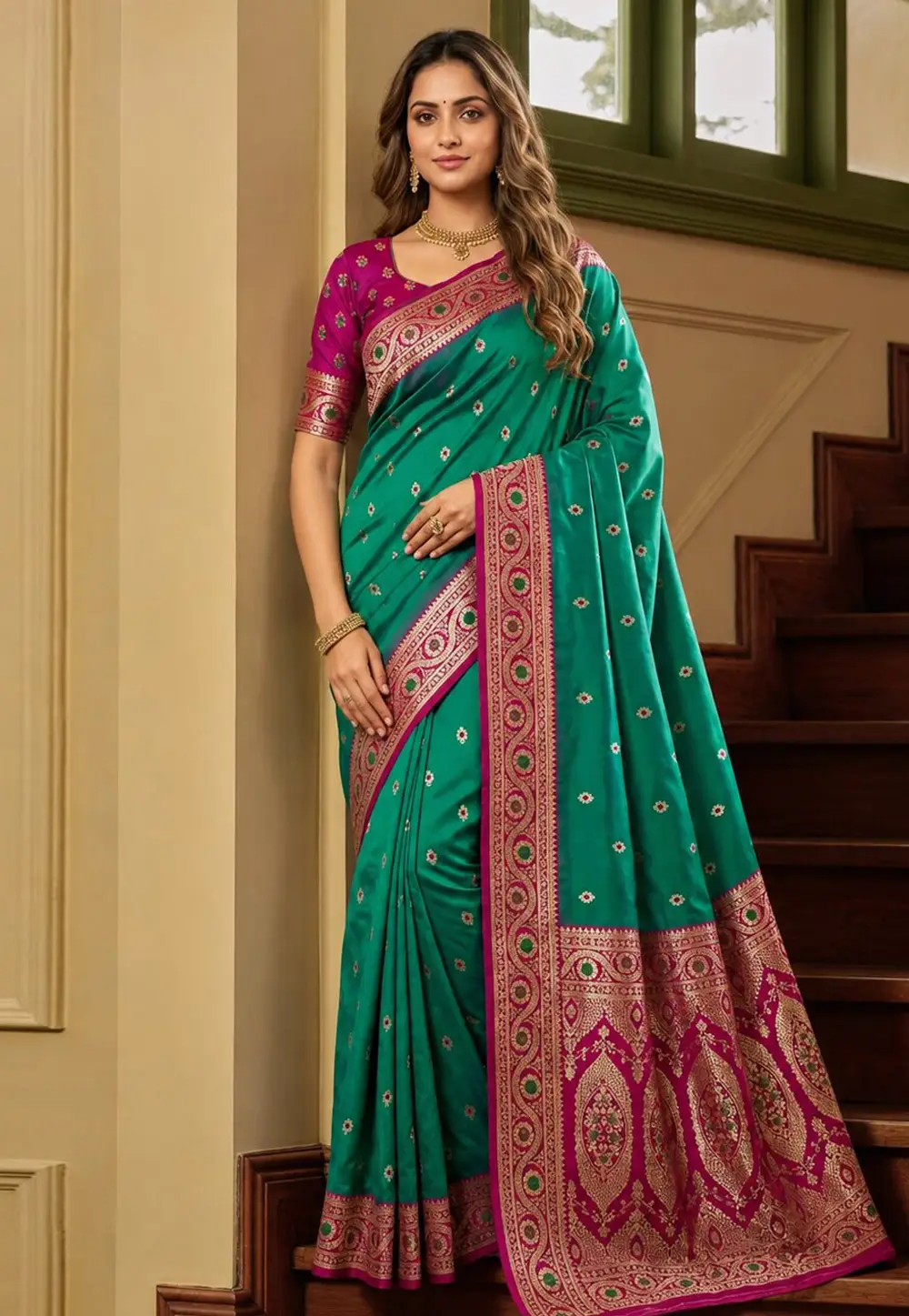 Turquoise Banarasi Silk Saree With Blouse 333271