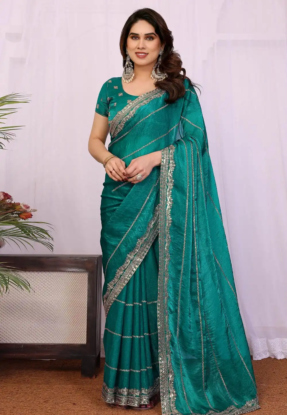 Turquoise Chiffon Saree With Blouse 319857