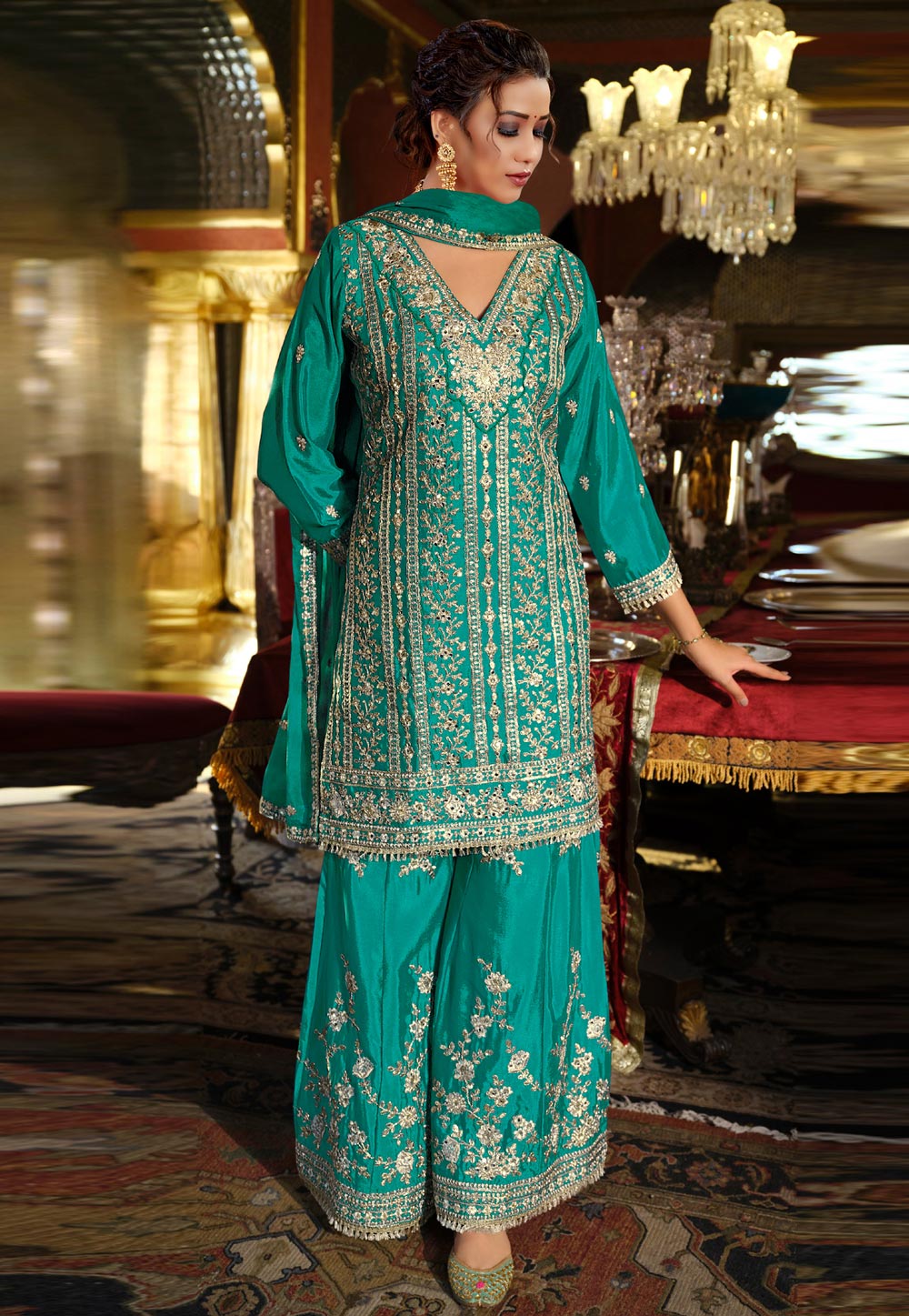 Turquoise Chinon Embroidered Palazzo Suit 320200