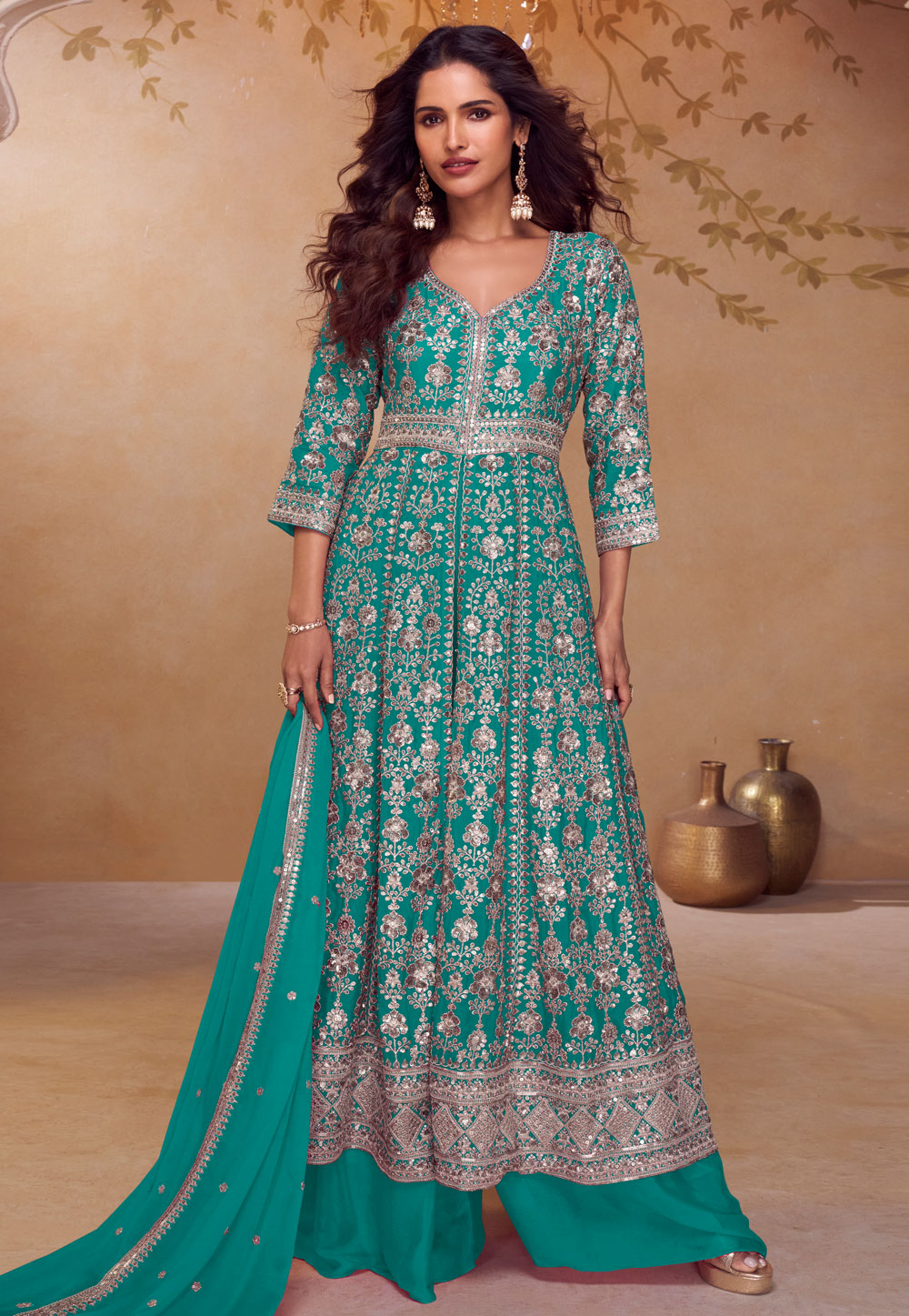 Turquoise Chinon Embroidered Palazzo Suit 325564