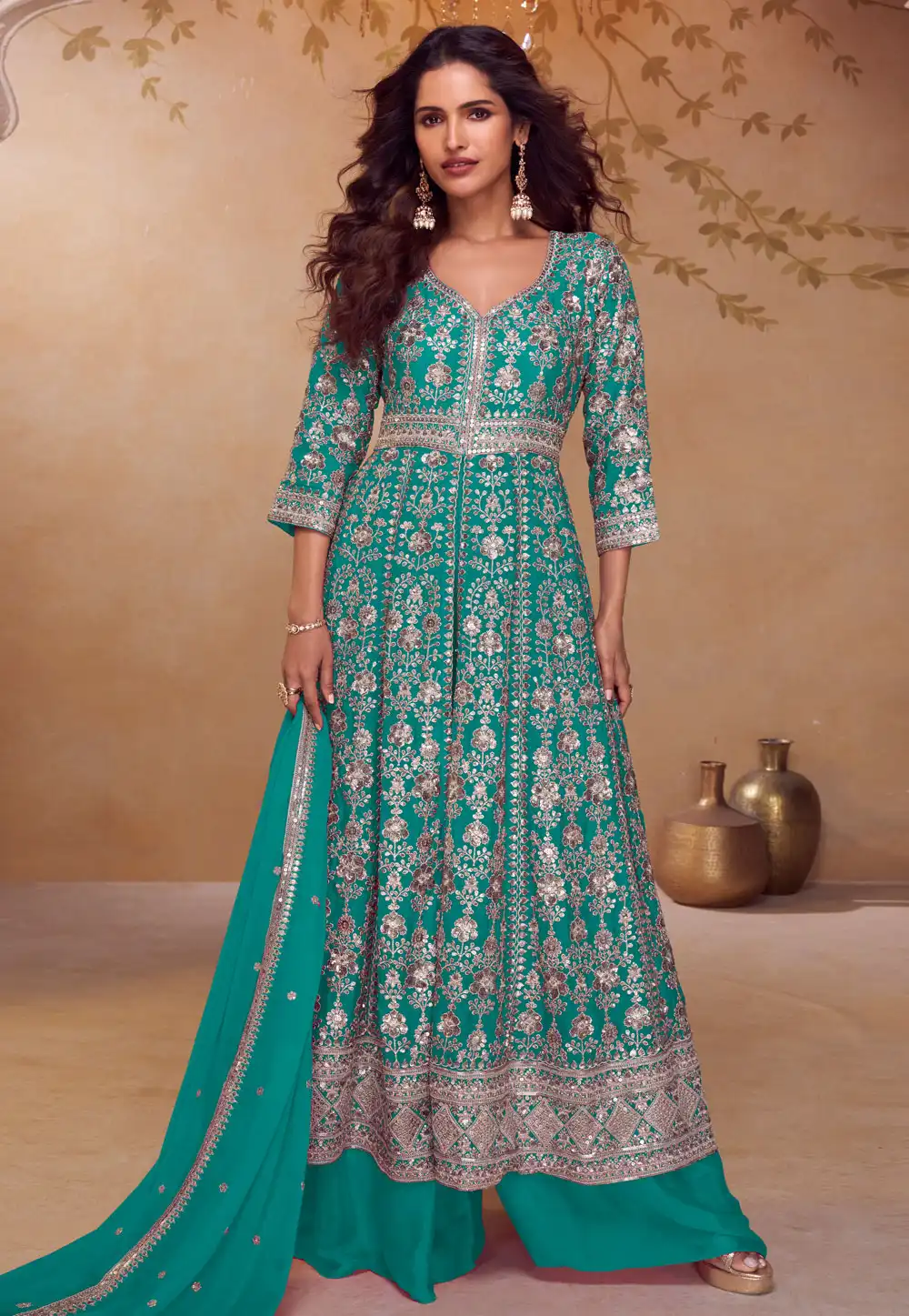 Turquoise Chinon Embroidered Palazzo Suit 325564