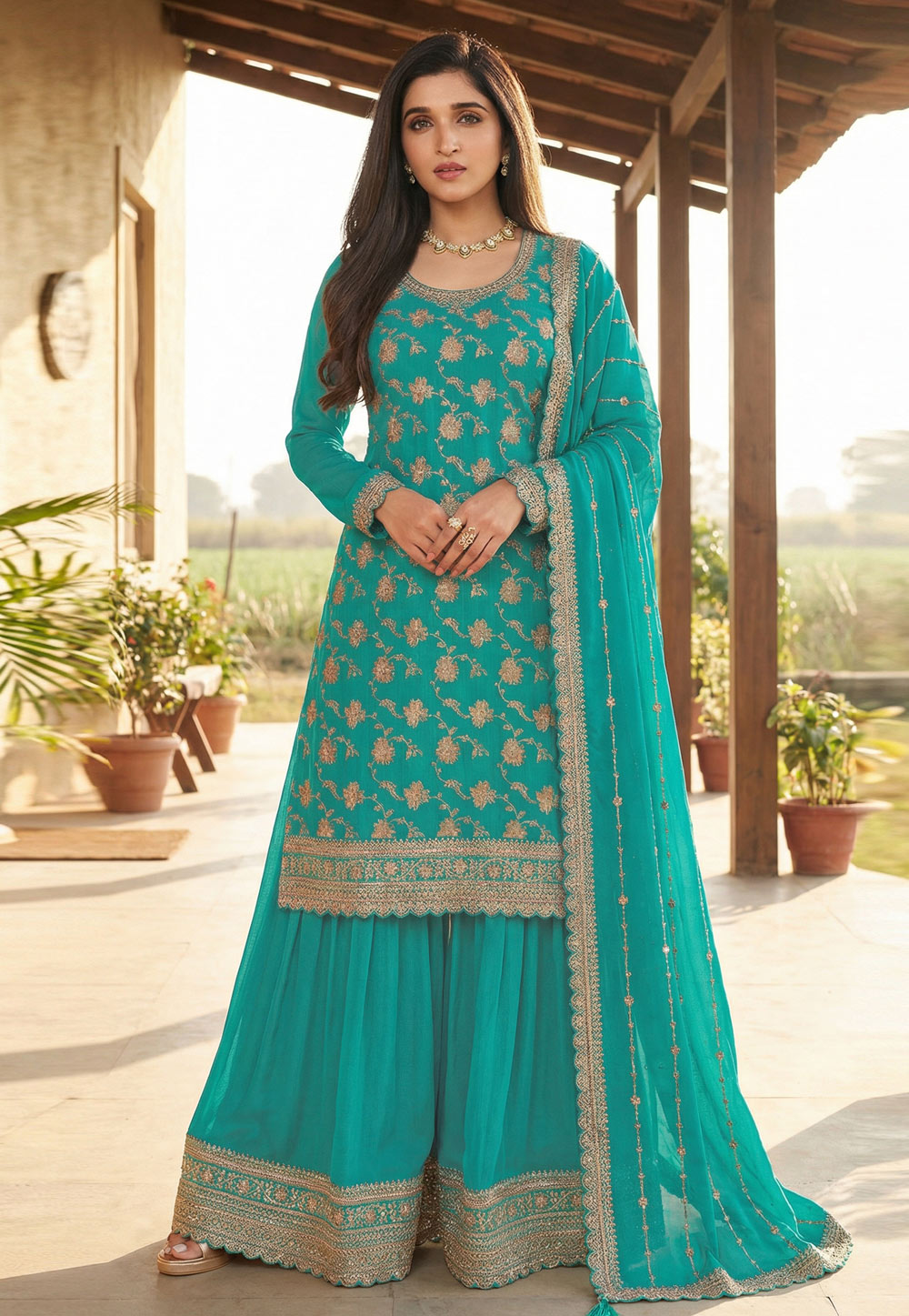 Turquoise Chinon Jacquard Pakistani Suit 325566