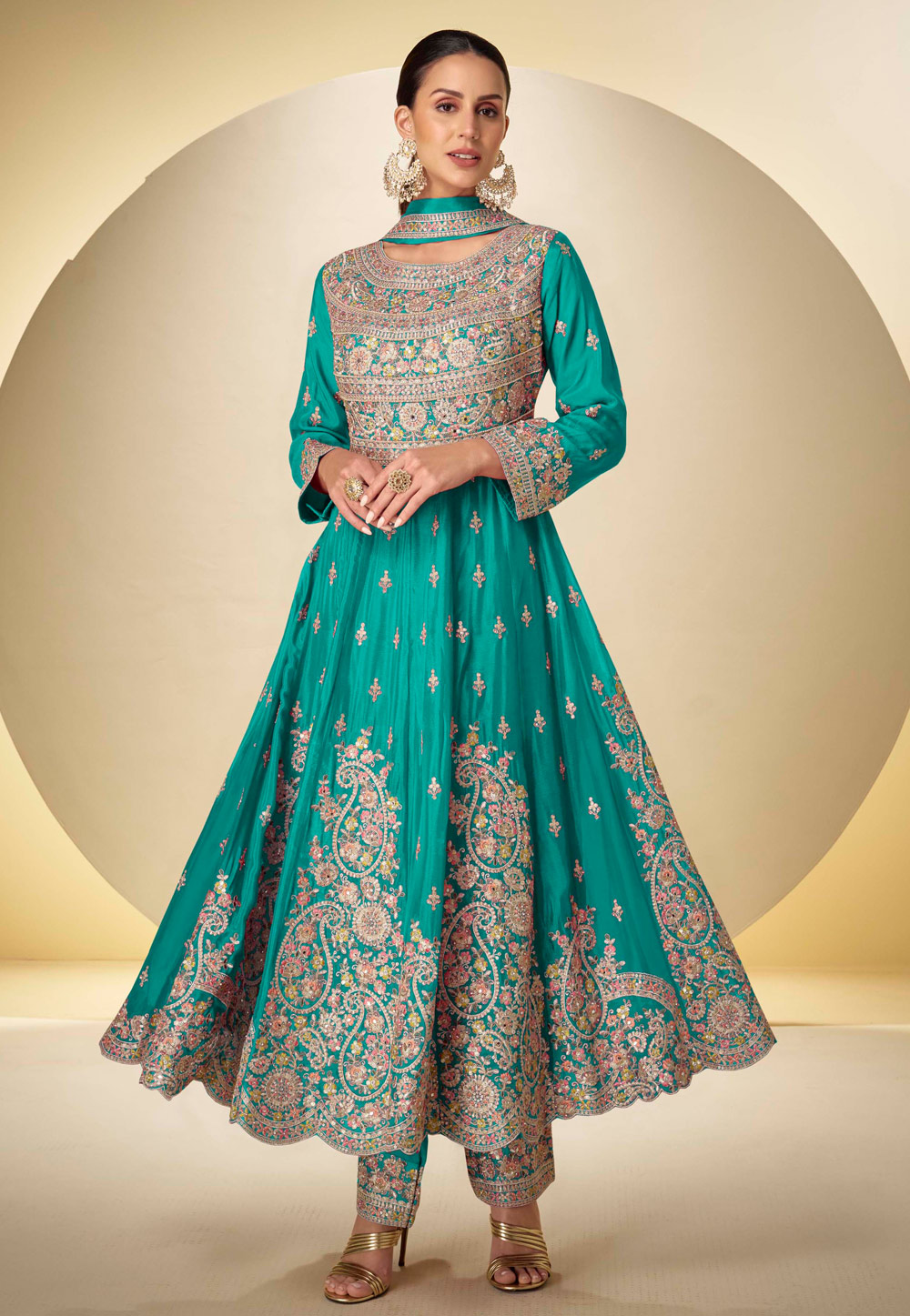 Turquoise Chinon Pant Style Suit 319353