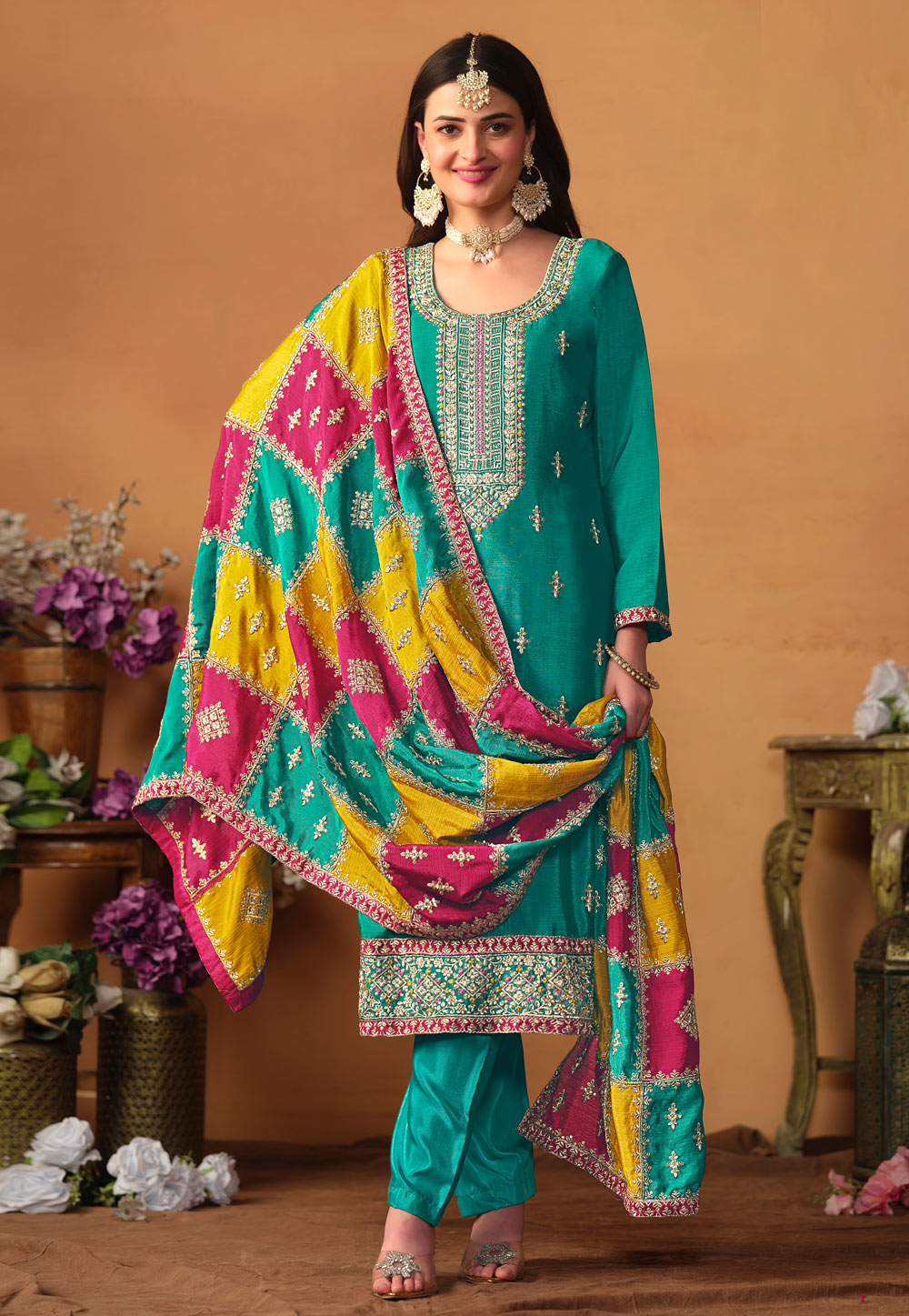 Turquoise Chinon Silk Straight Suit 285880