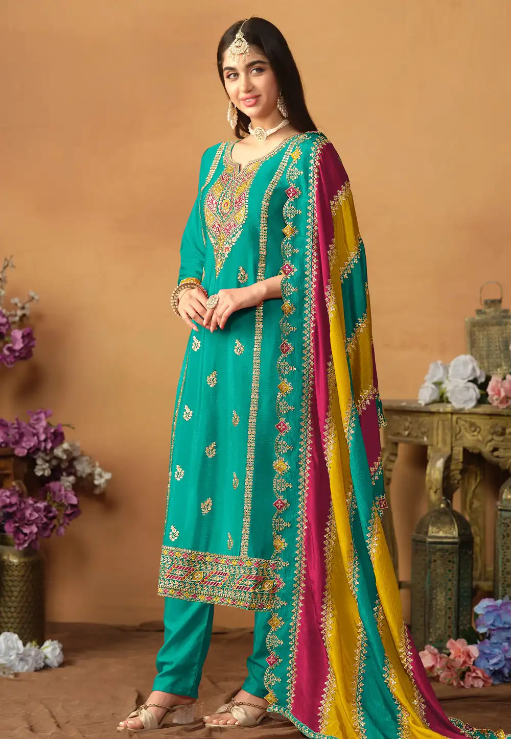 Turquoise Chinon Silk Straight Suit 286158