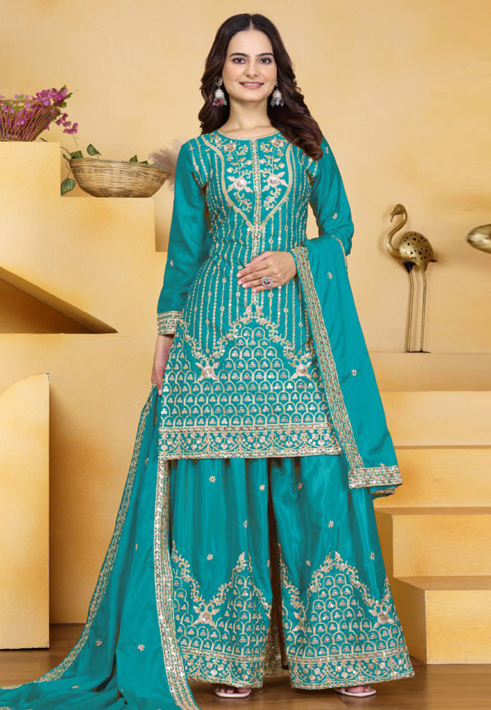 Turquoise Crepe Readymade Palazzo Suit 325957
