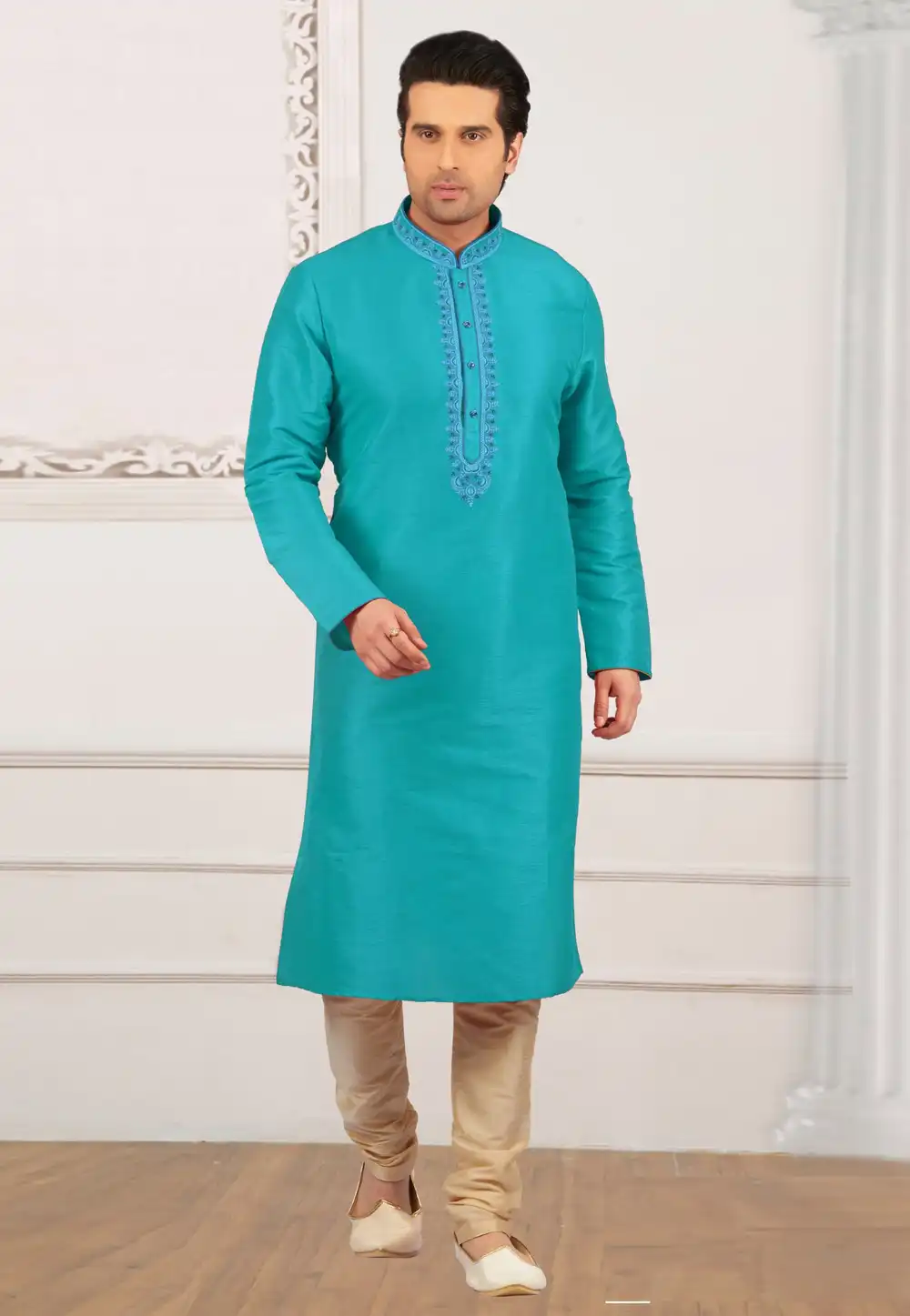 Turquoise Dupion Silk Kurta Pajama 309772