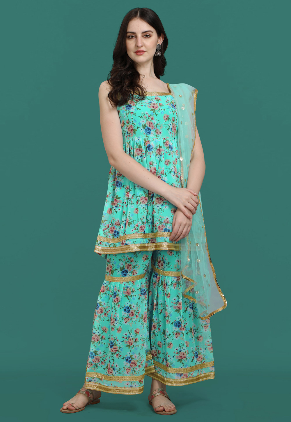 Turquoise Georgette Readymade Sharara Suit 319321