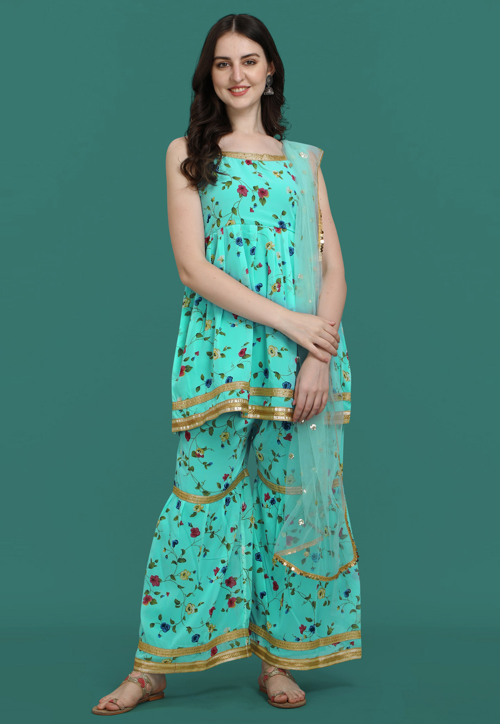 Turquoise Georgette Readymade Sharara Suit 319324