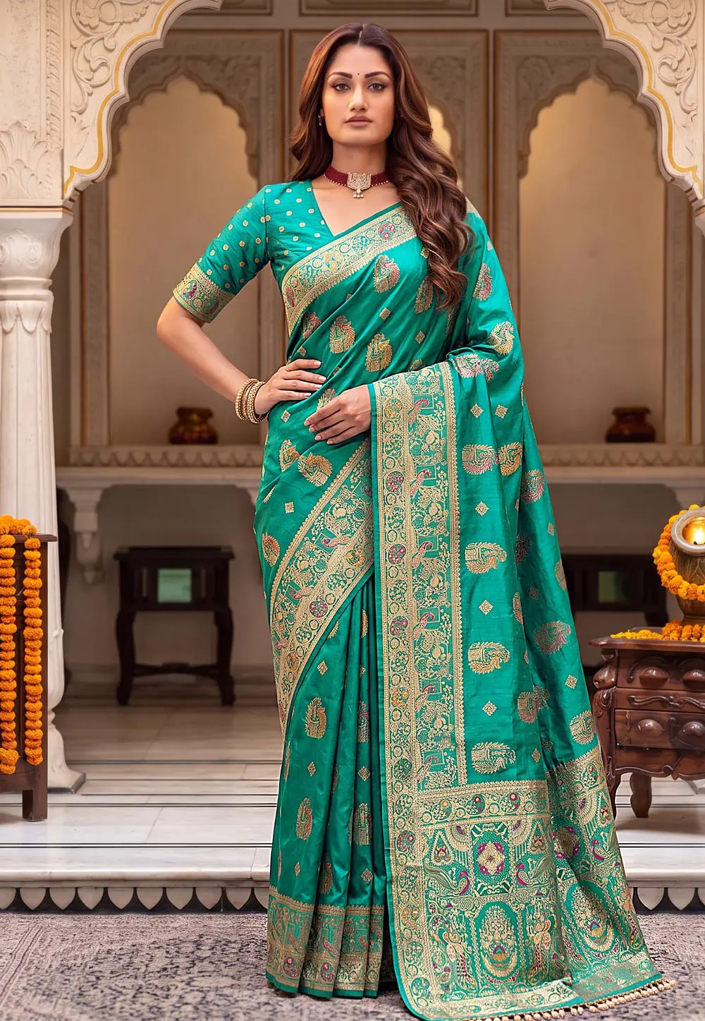 Turquoise Nylon Saree With Blouse 333599