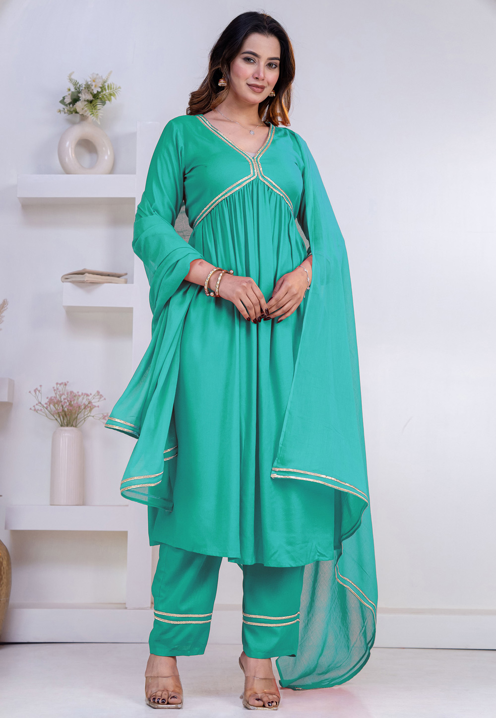 Turquoise Rayon Readymade Anarkali Suit 325440