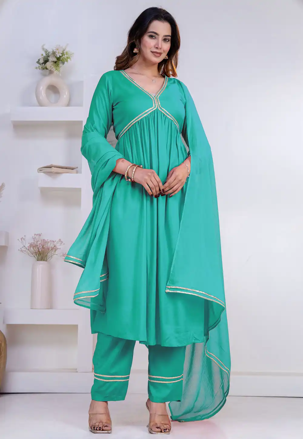 Turquoise Rayon Readymade Anarkali Suit 325440
