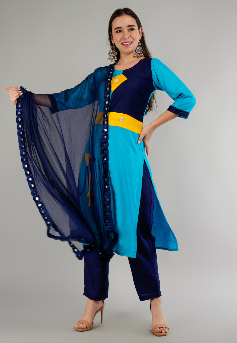 Turquoise Rayon Readymade Pant Style Suit 282797