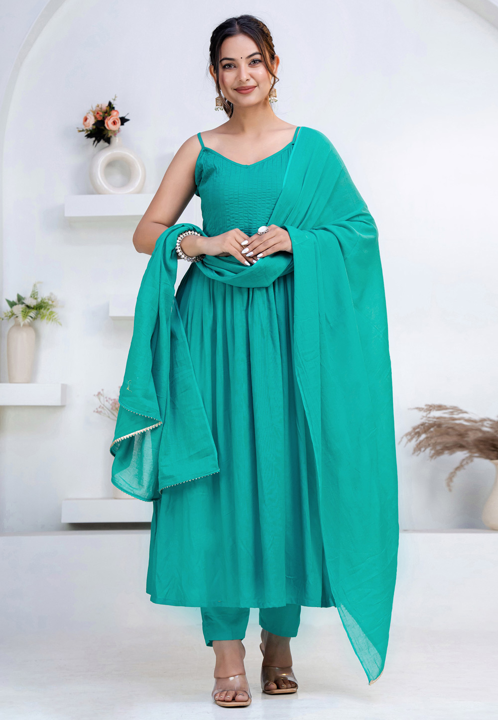 Turquoise Rayon Readymade Pant Style Suit 325436