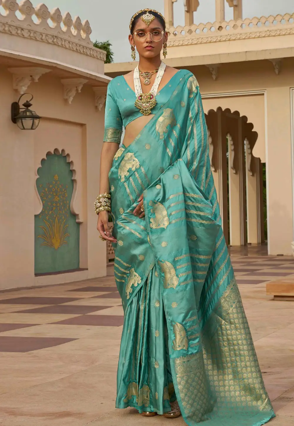 Turquoise Satin Silk Saree With Blouse 335436