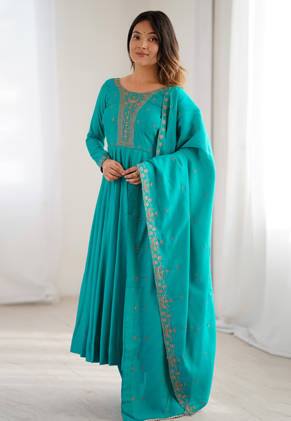 Turquoise Shimmer Readymade Pant Style Suit 321216