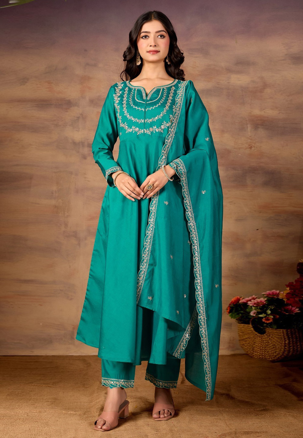 Turquoise Silk Readymade Anarkali Suit 323264